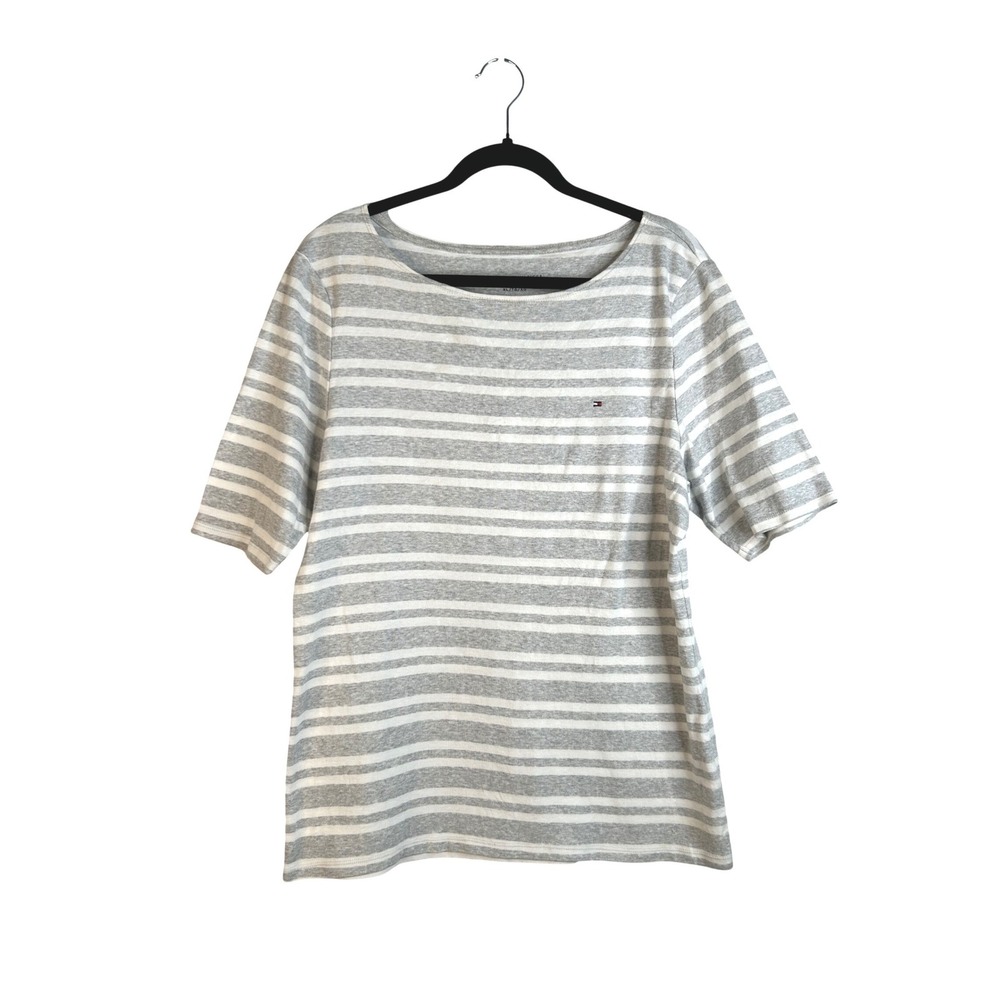 Tommy Hilfiger Women's Gray Striped Short Sleeve Scoop Neck Top Size XL